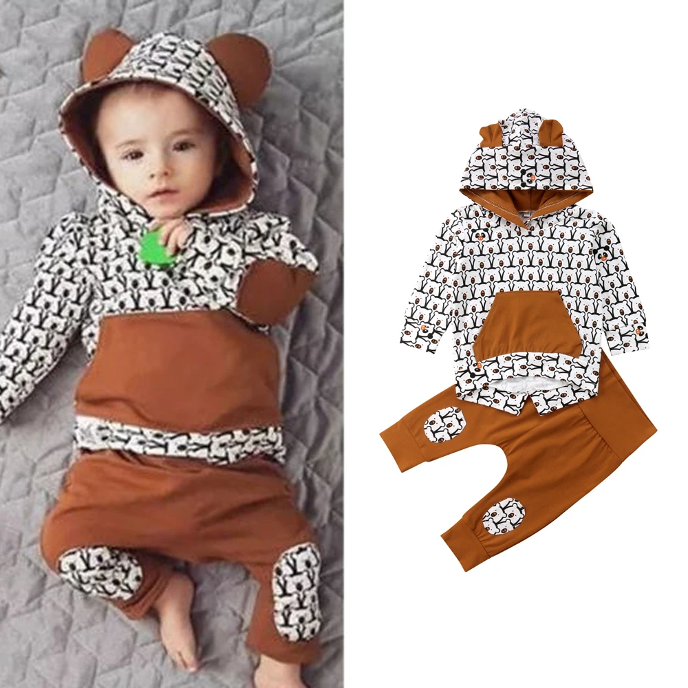 

Baby Boy Clothes Set Cartoon Bear Print Hoodies Hooded Sweatshirt Tops Pants 0-24M Newborn Infant Toddler Spring Fall Outfits