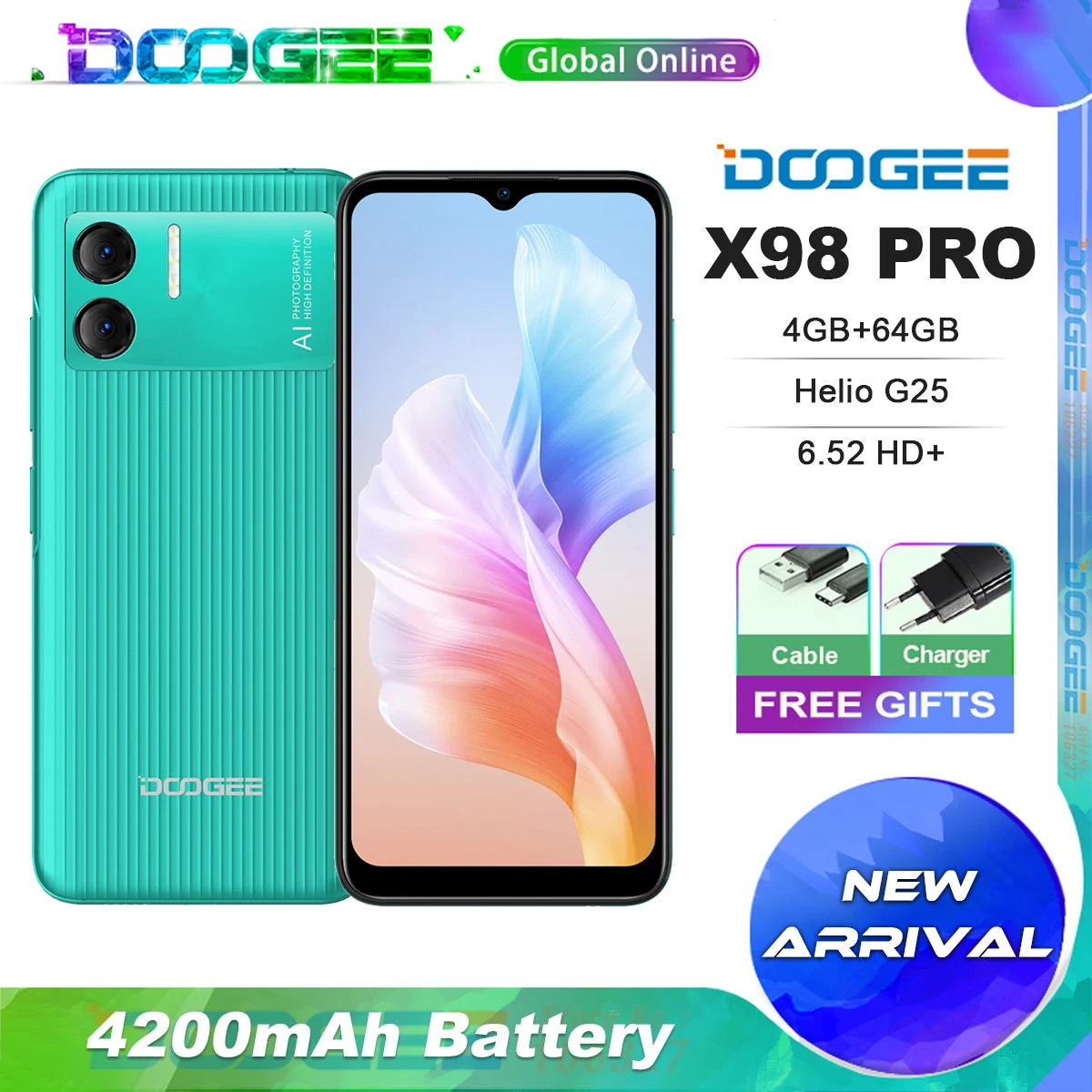 Doogee X98 Pro 4GB 64GB Android 12 Smartphone 6.52 Inch HD Display Octa Core Cell Phone 12MP Camera 4200mAh Telephone