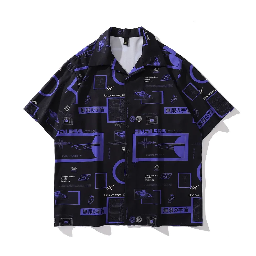 

Universe Print Oversize Men's Blouses Vintage Goth Aesthetic Black Shirts Summer Vacation Hawaii Tops Streetwear Male Clothes