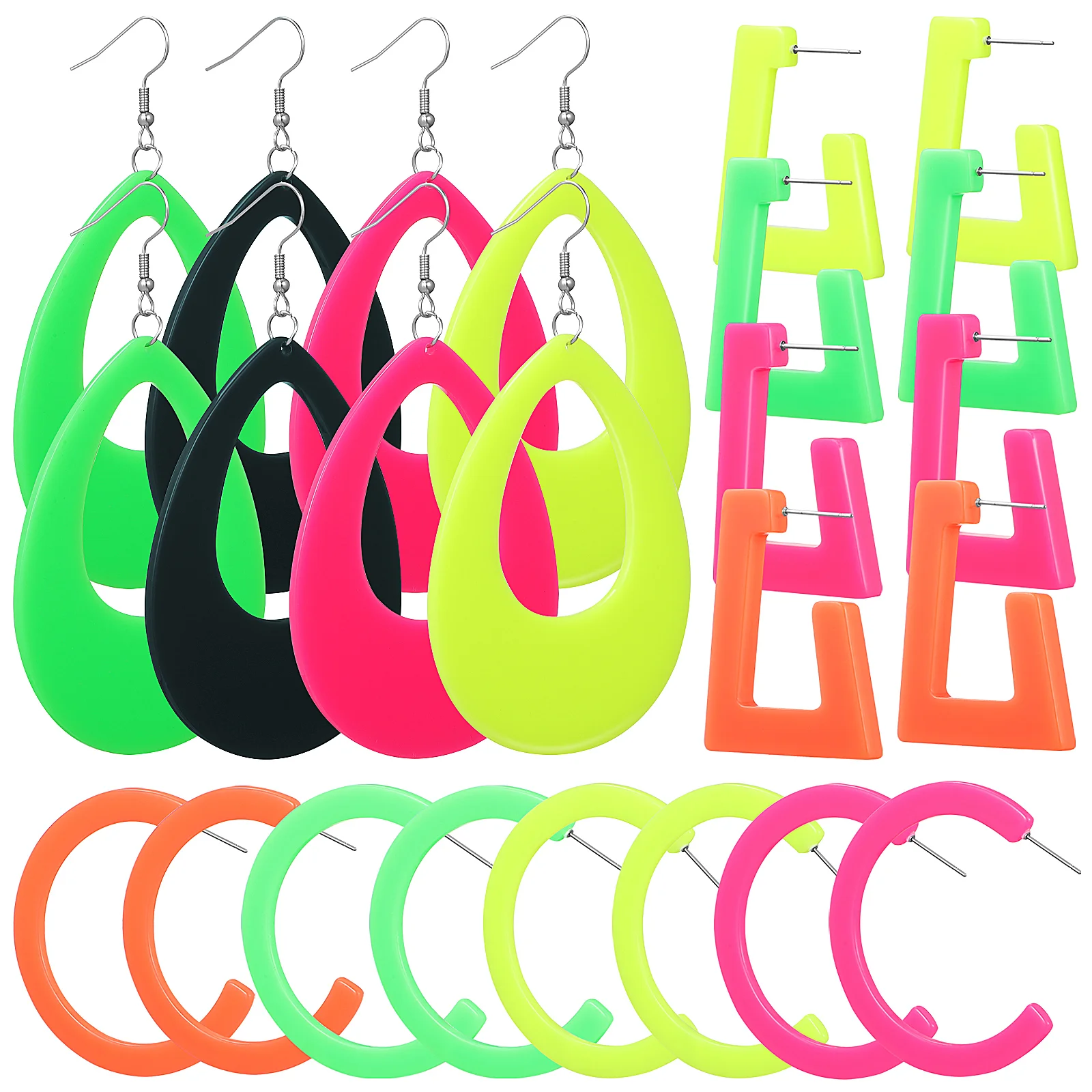 12 Pairs of Neon Earrings Water Drop Dangle Earrings with Geometric Shape Earrings Studs Exaggerated Ear Drops