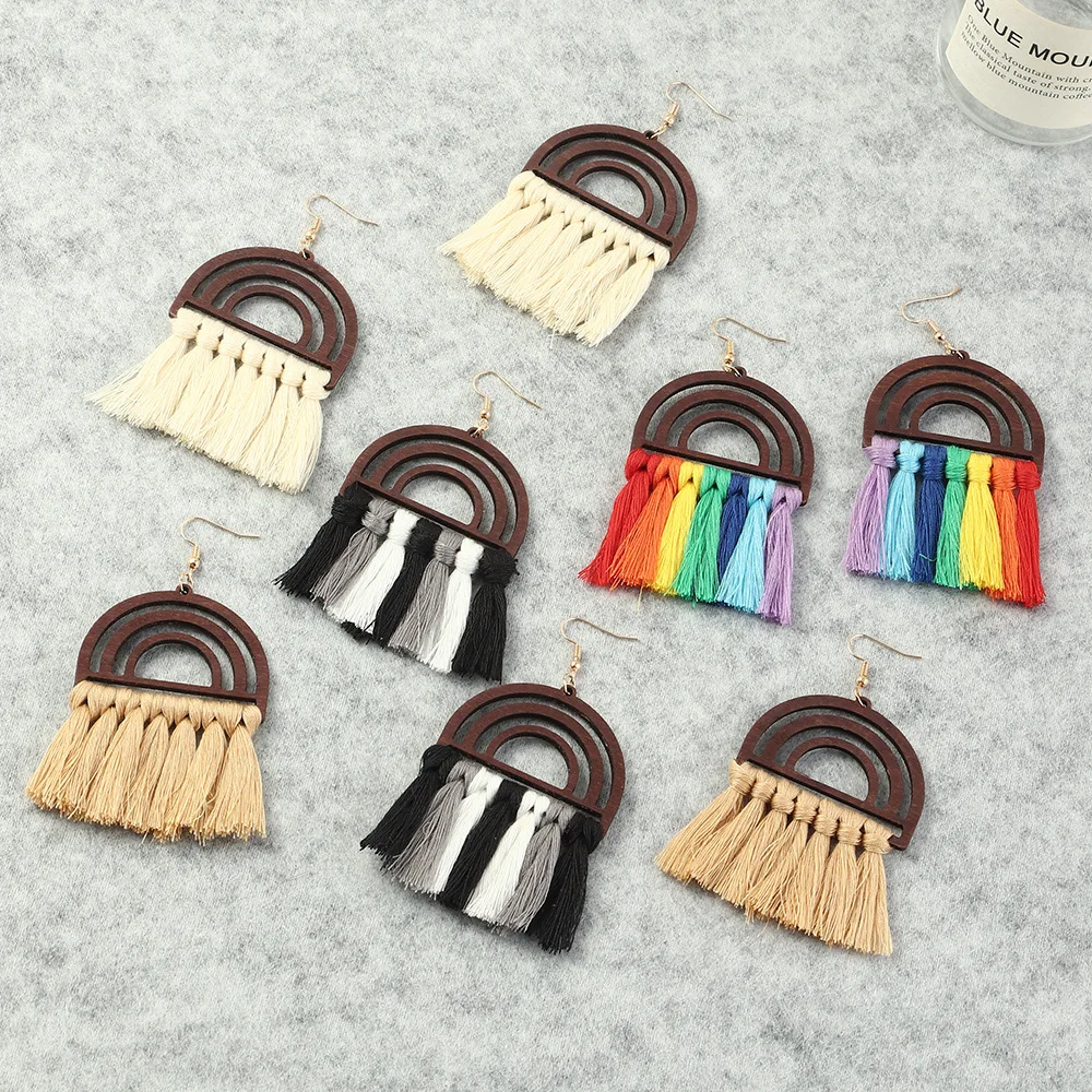 

Bohemia Wooden Rainbow Tassel Drop Earrings for Women Jewelry Girls Vintage Handmade Dangle Earrings Boho Retro Ear Hook Earring