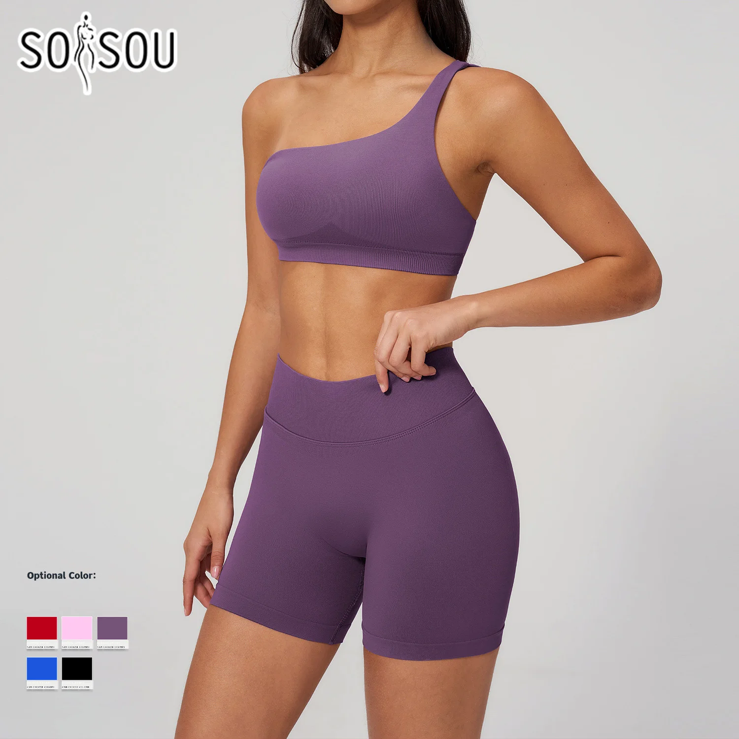 Фото Комплект для йоги SOISOU из нейлона, бесшовный, 2 предмета: топ на одно плечо и шорты с высокой талией. Женский спортивный костюм для фитнеса. №1