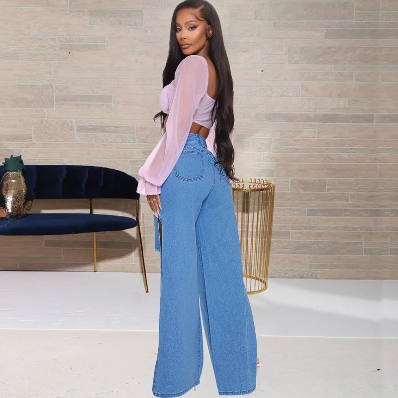 Sexy Hole Jeans Women Stretch Split Wide Leg Denim Flare Long Pants Spring Autumn New High Street 2022 Blue Ladies Fashion Club