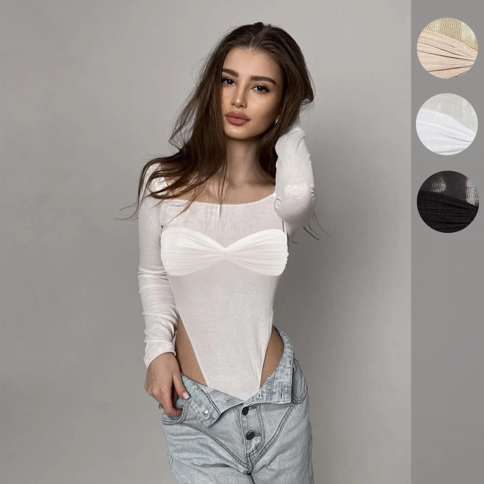 

Женские прозрачные сетчатые Топы/комбинезон с длинным рукавом