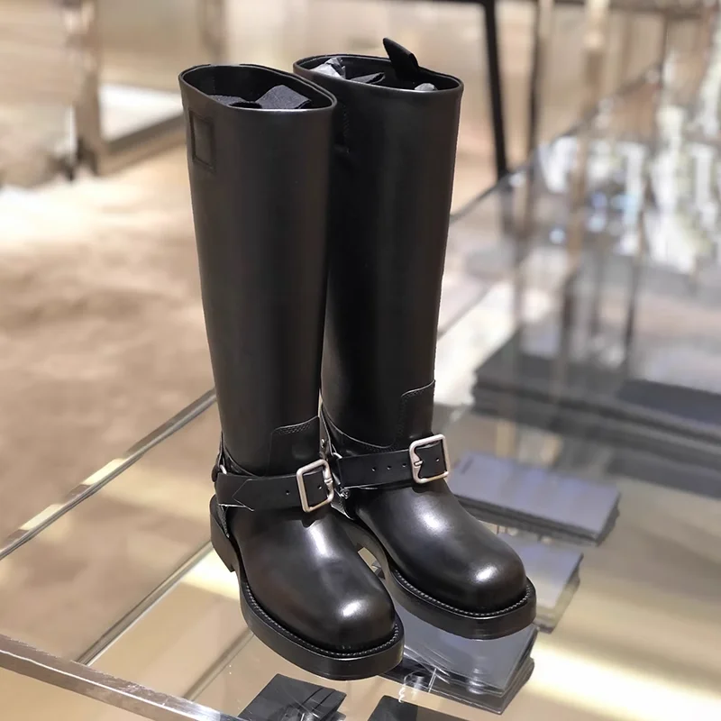 

Классические рыцарские сапоги с ремешком и пряжкой, Дизайнерские Сапоги до колена на платформе и массивном каблуке, кожаные черные ботильоны с квадратным носком, высокое качество