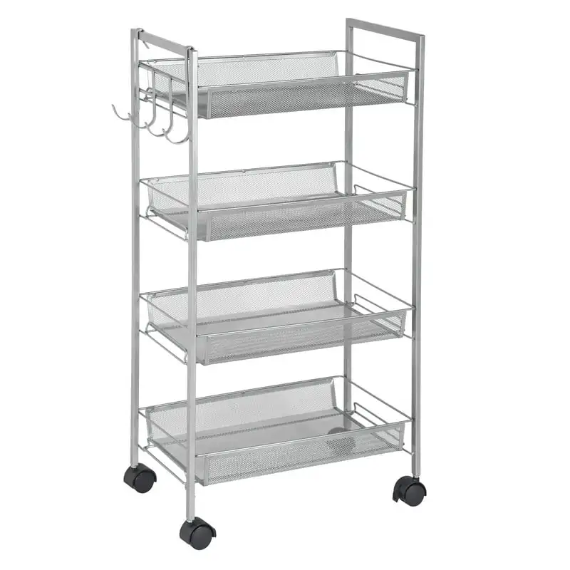 

Silver Mobile Steel Storage Cart with Side Hooks