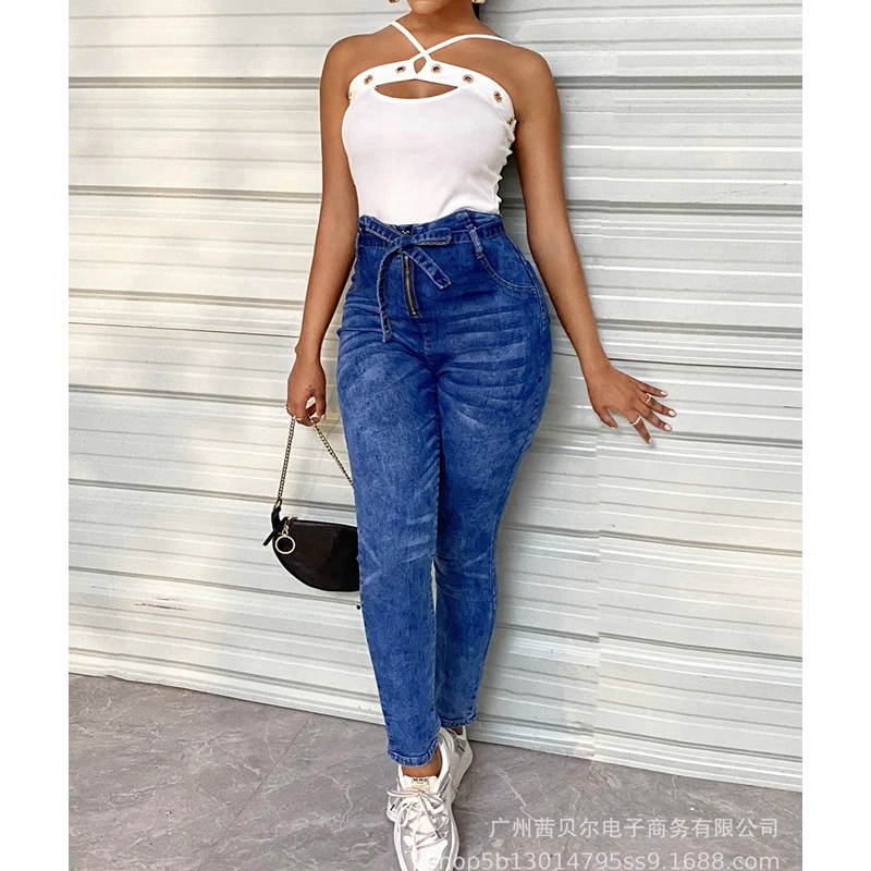 

Джинсы женские облегающие, винтажные брюки-карандаш из денима на молнии, с завышенной талией, на шнуровке, уличная одежда, весна-осень