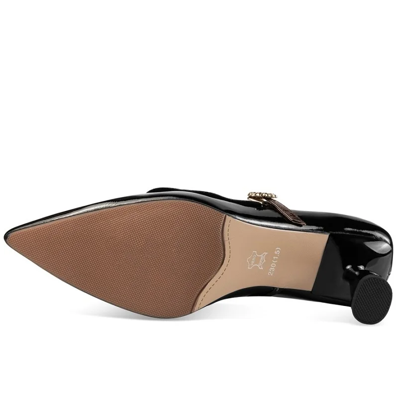 【JOCHEBED HU】Brand Genuine Leather New Style Small Pointed Toe Color Matching Shallow Mouth Mary Janes Shoe Strap Mid-Heel 33-43