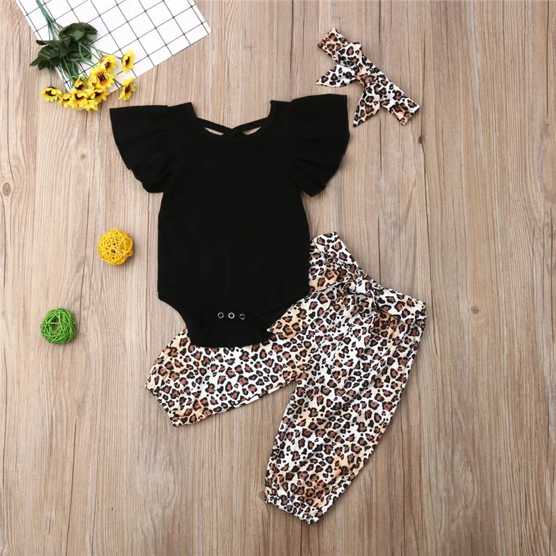 

3PCS Summer Baby Girl Clothes Set Girl Fly-Sleeve Tops+Leopard Long Pants Kids Outfit Newborn Sunsuit Baby Clothing