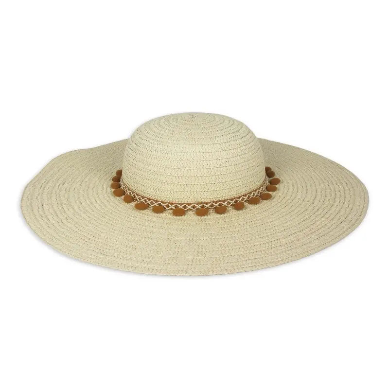 

Women`s Straw Sun Hat with Color Contrast Pom Pom Trim