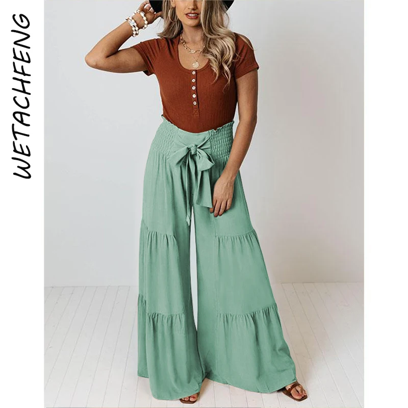 

Elegant Women's Long Pants Elasticity Folds Lace Up Bow High Waist Wide Leg Pants Solid Spring Beach Boho Dance Ladies Trousers