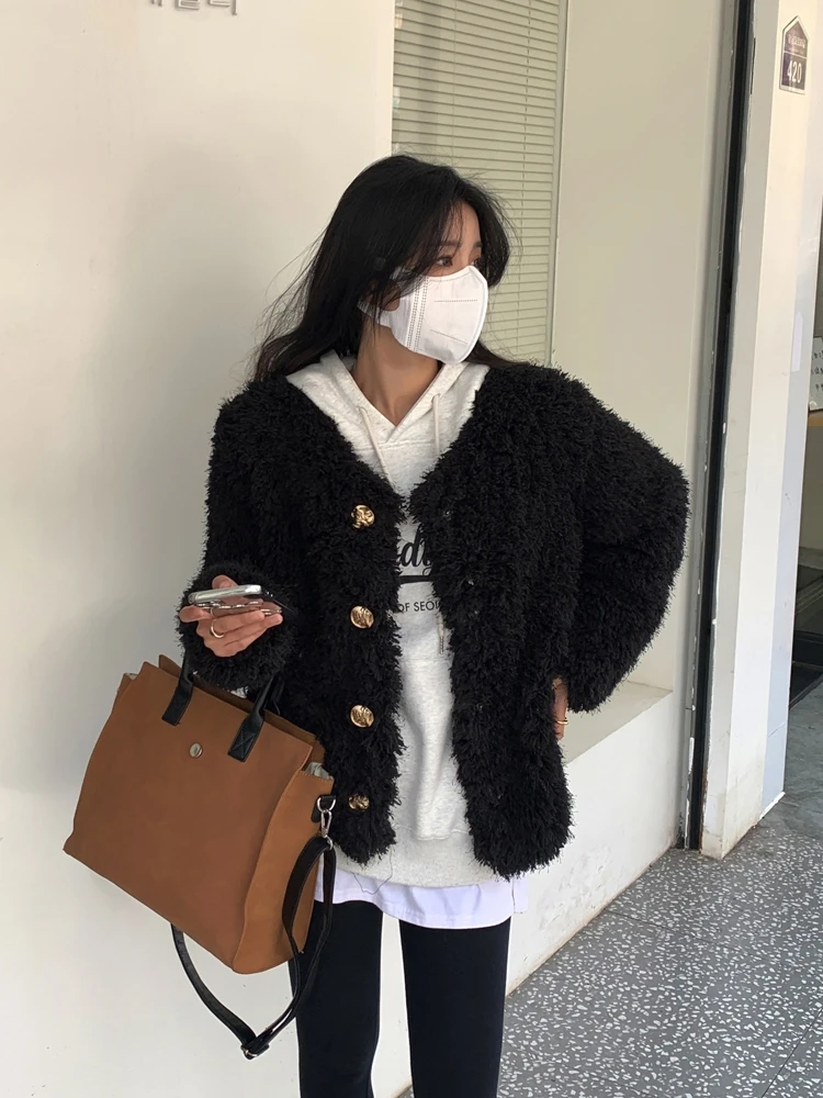 New Lazy Style Autumn All-Matching Loose Black Tassel Furry Coat Women's Single-breasted Environmental Fur Short Jacket