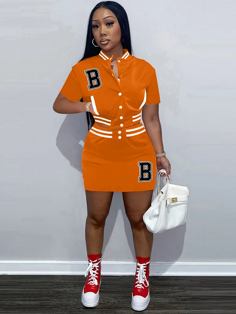 

Harajuku Letter Embroidery Two Piece Dress Set Girls Baseball Sports Coat and High Waist Skirt Sets 2022 Summer Matching Outfits