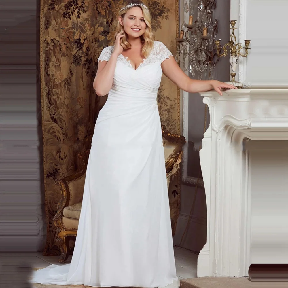 

V-Neck Short Sleeves Wedding Dresse Plus Size Chiffon With Lace Applique Bride Gowns Zipper Trumpet Sweep Train Robe De Mariée