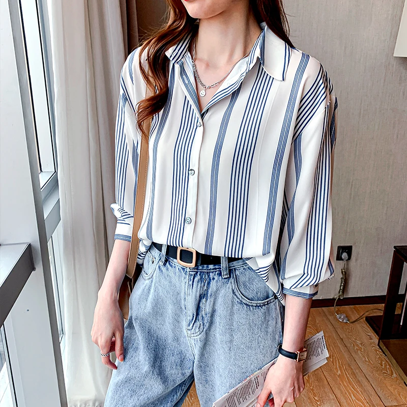 

Шифоновые свободные женские рубашки, повседневные новые модные блузки с длинным рукавом, полосатая рубашка-поло, женская одежда в Корейско...
