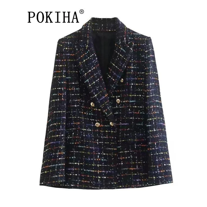 

Pokiha 2023 женский винтажный твидовый шерстяной Блейзер с отложным воротником и цветной лентой в клетку пальто женская верхняя одежда шикарные костюмы