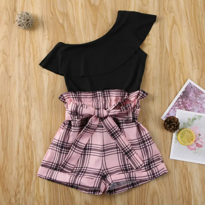 

2pcs Toddler Baby Girls Clothes One Shoulder Ruffles T Shirts Tops Plaid Print Bow Shorts Kids Summer Outfit 2-7Years