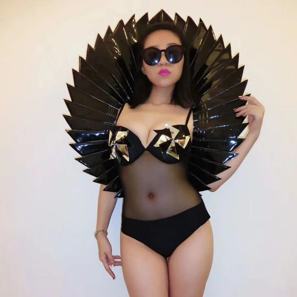 

Model Catwalk Show Prop Costume Black Silver Red Wing Backplane Nightclub Women Singer Dancer Performance Stage Wear