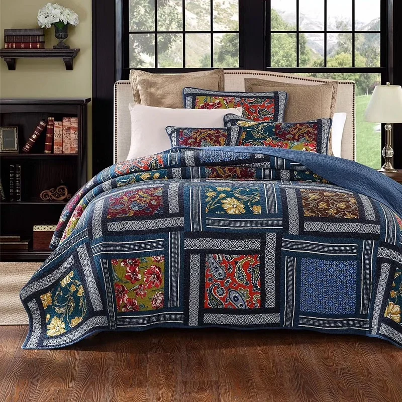 

Patchwork Bedspreads Quilt Set 3 Piece Vintage Printed Bedding Handmade Cotton Quilts Bed Cover King Queen Full Size Coverlets