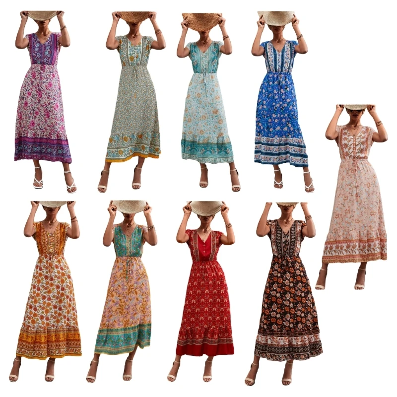 

Повседневное длинное платье с цветочным принтом, V-образным вырезом, коротким рукавом и поясом