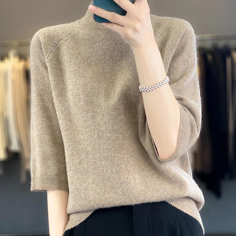 Лидер продаж Женский пуловер с полувысоким воротником свитер однотонный вязаный