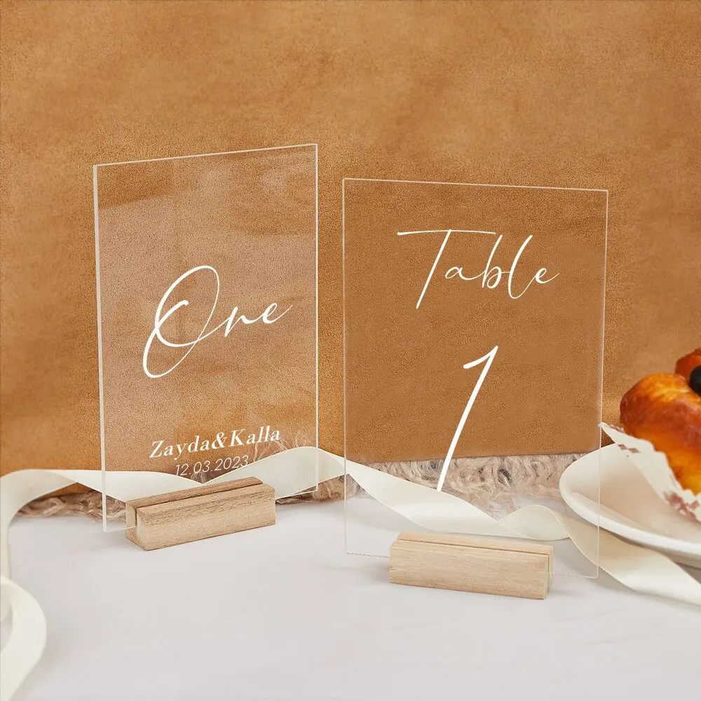 

8/16/24/32PCS Acrylic Wedding Sign with Wood Base,Blank Table Numbers Card Place Cards with Stand for Menu Signs Bar List Sign