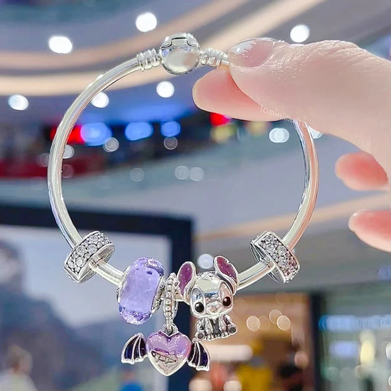 

Cute Stitch Charms Bangles Men Disney Anime Purple Bat Wings Heart Pendant Bracelet For Women Glass CZ Spacer Beads Fine Jewelry