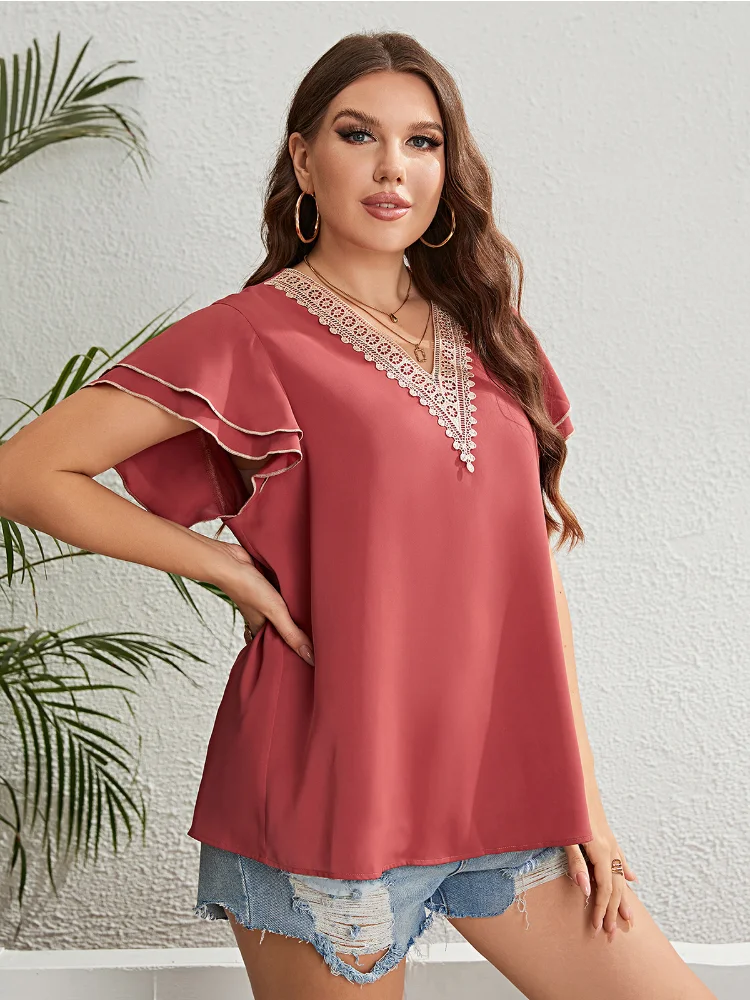 Summer Red Brown Lace V-Neck Loose Top plus size women clothing