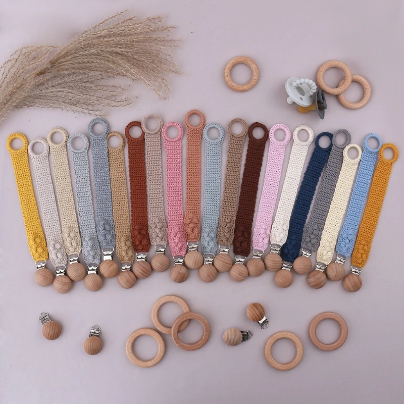 

Pacifier Chain with Knitted Strap Beech Bead Pacifier Clips Safety Chewing Toy