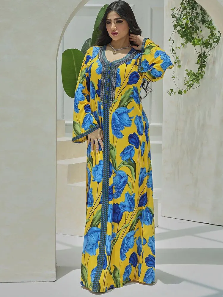 Floral Abaya Arabic Long Dress Women Diamonds Braid Trim Elegant Muslim Party Dresses Dubai Saudi Printed Jalabiya  Abayas