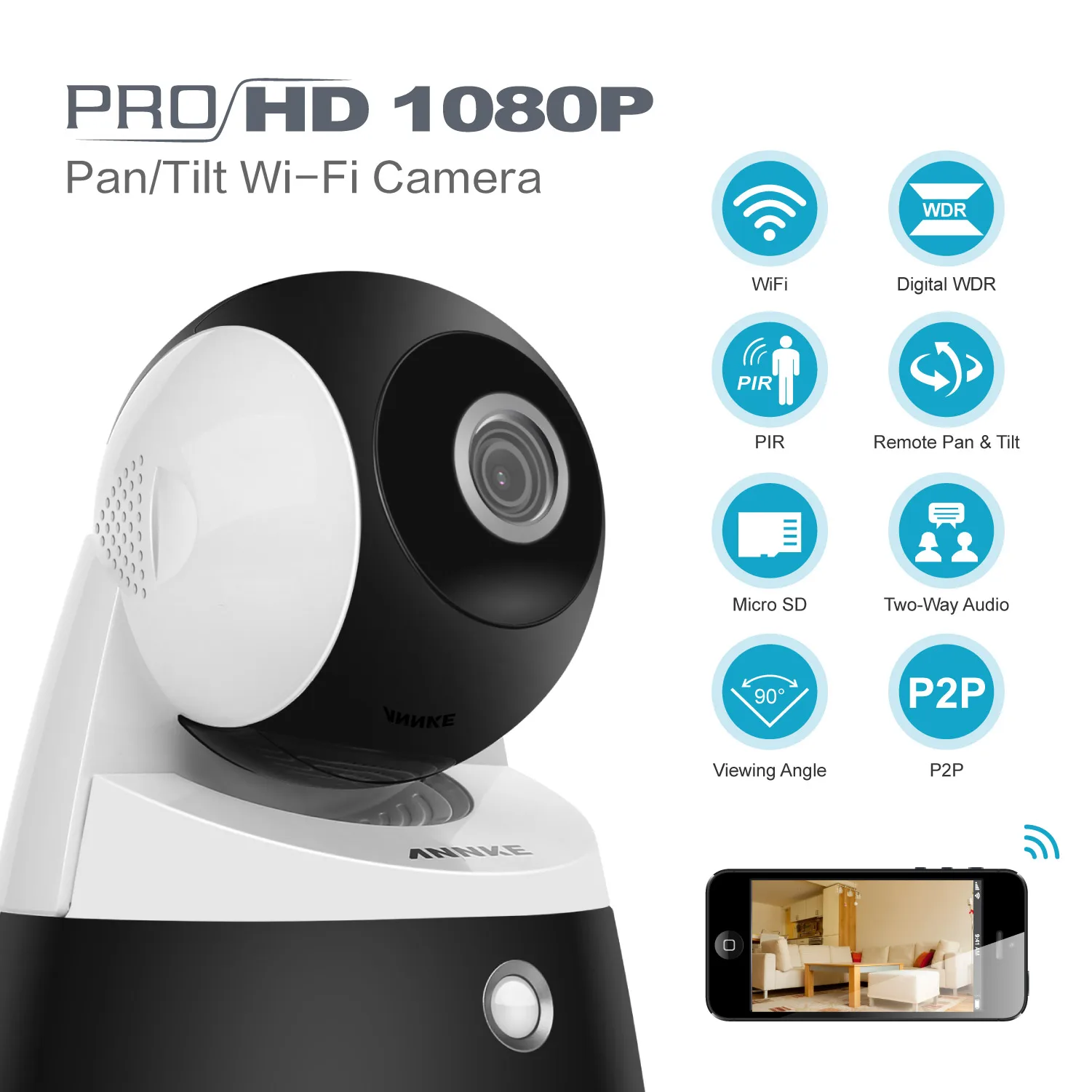 Видеокамера ANNKE 1080P HD Wi-Fi PT с объективом 4 мм и встроенным микрофоном |