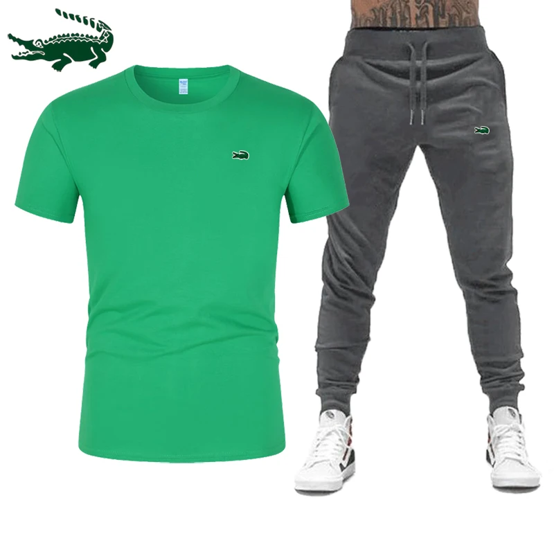 Hoge-Kwaliteit Lente En Zomer Nieuwe Mannen Casual Sport Katoen Ronde Hals Korte Mouwen T-shirt + casual Sport Broek Set S-3X