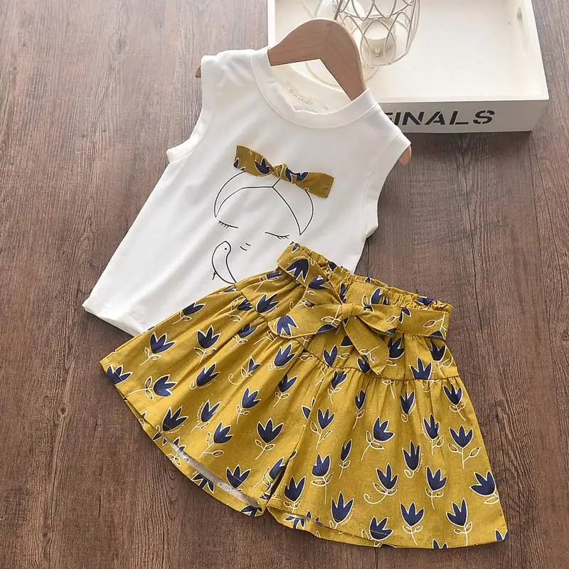 Girls Clothes Set 2022 New Summer Sleeveless T-shirt and Print Bow Shorts for Girl Kids Clothes Children Clothing 3 5 7 Years