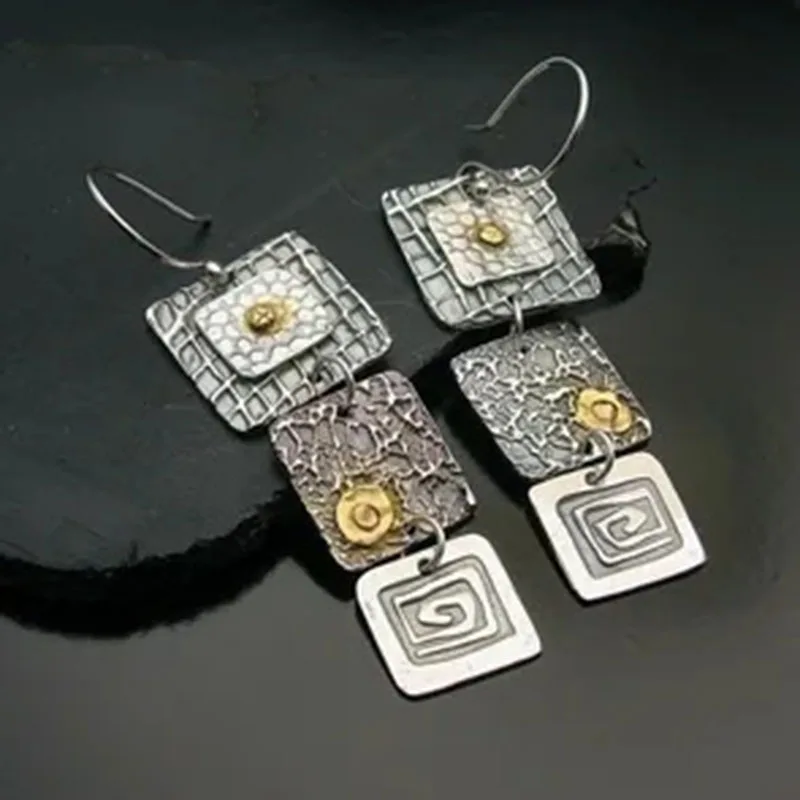 

Punk Geometric Carved Square Dangle Earrings Women Tribal Jewelry Vintage Metal Handmade Long Hook Earrings Gift