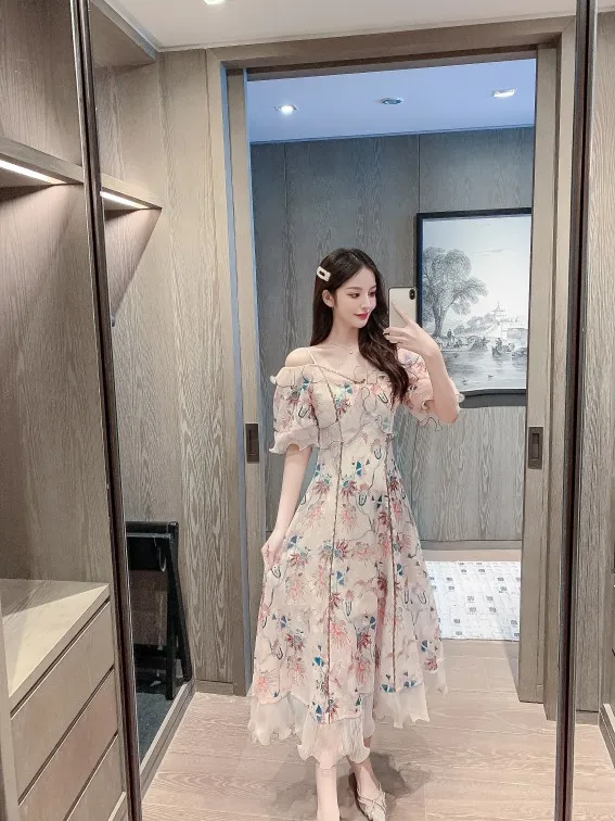 

SuperAen 2022 Summer Grandiflorum Retro Floral Printing V-Neck A-LINE Casual Ankle-Length Dresses for Women