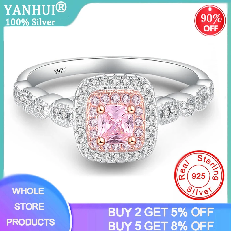 

YANHUI Original Tibetan Silver Ring Female Square Pink Zircon Crystal Romantic Wedding Rings For Women Party Gift JZ201