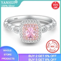 yanhui original tibetan silver s925 ring female square pink zircon crystal romantic wedding rings for women party gift jz201