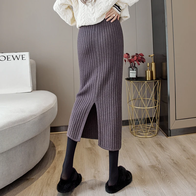 

Winter Women Knitted Skirts New Female High Elastic Waist Office Ladies Split Pencil Skirt Korean Elegant Solid Midi Skirt T199