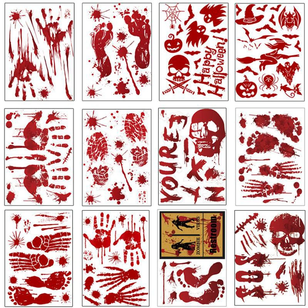 

Scary Blood Handprint Footprint Pumpkin Skull Halloween Sticker Wall Wiondow Floor Bathroom Horror Haunted House Decoration 2022