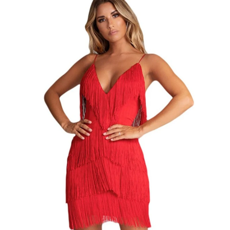 

New European and American 2022 Fashion Casual Sexy Dress Tassel Patched Backless Nightclub Deep V-neck Dress for Women