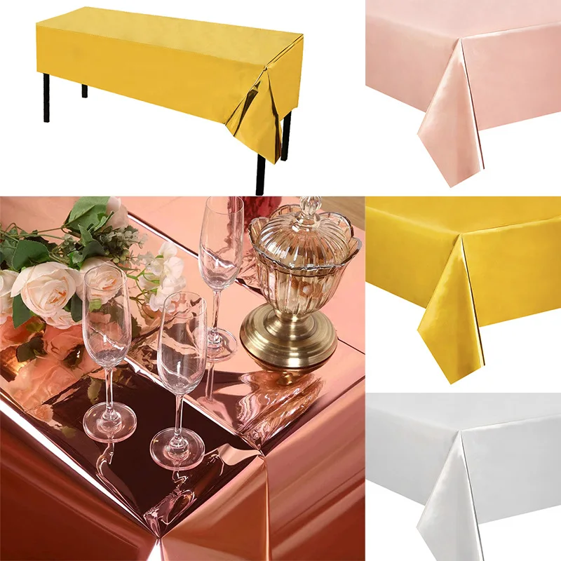 

PET bright rose gold disposable Tablecloth Birthday Banquet Decor Aluminum foil Party Waterproof Square Table cover 54x108in