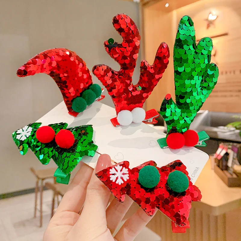 

2Pcs/Pair Shining Sequins Red Green Tree Elk Ear Hair Clip Women Girls Santa Xmas Party Barrettes For Kids Hair Accessories