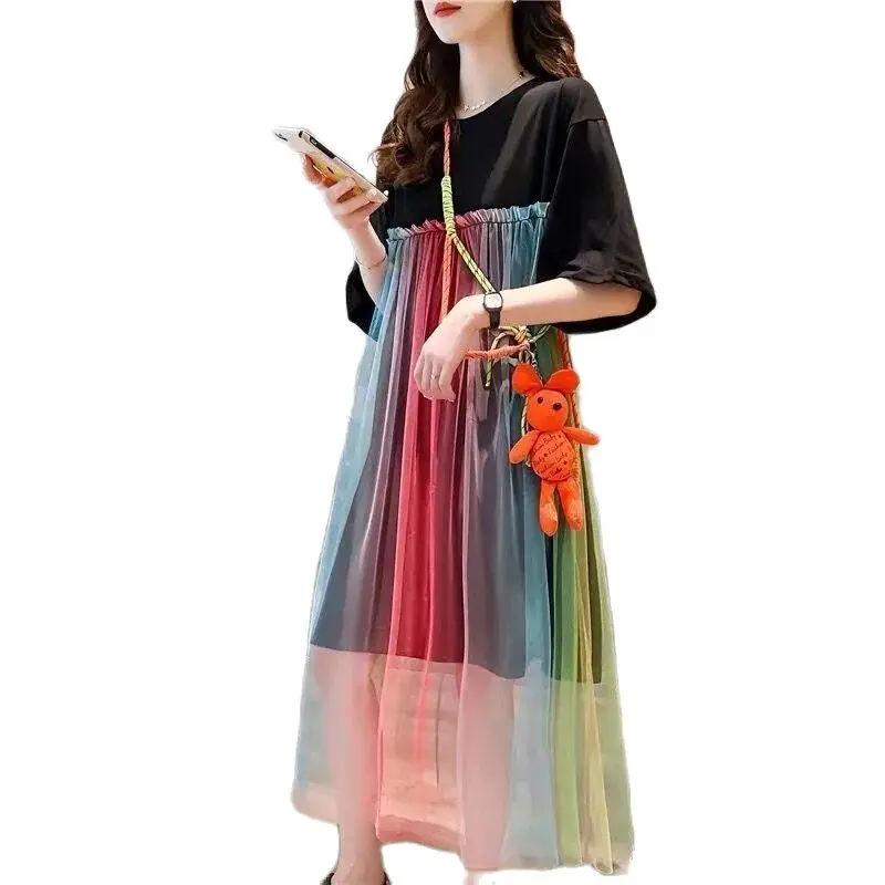 

Fashion Summer Dresses Women 2022 New Trendy Mid-Length Summer Large Size Loose Rainbow Mesh Stitching T-Shirt Dress Women