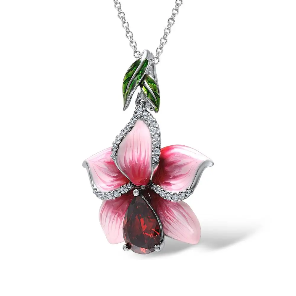 

925 Sterling Silver Female Luxury Necklace Chain Excellent Elegant Pink Enamel Flower Big Pendant Necklace for Woman Jewelry