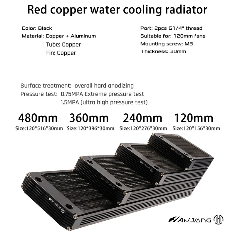 360mm/480mm Radiator Copper 30mm Thickness Computer Water Discharge Liquid Heat Exchanger G1/4 Threaded Use for 12cm Fans