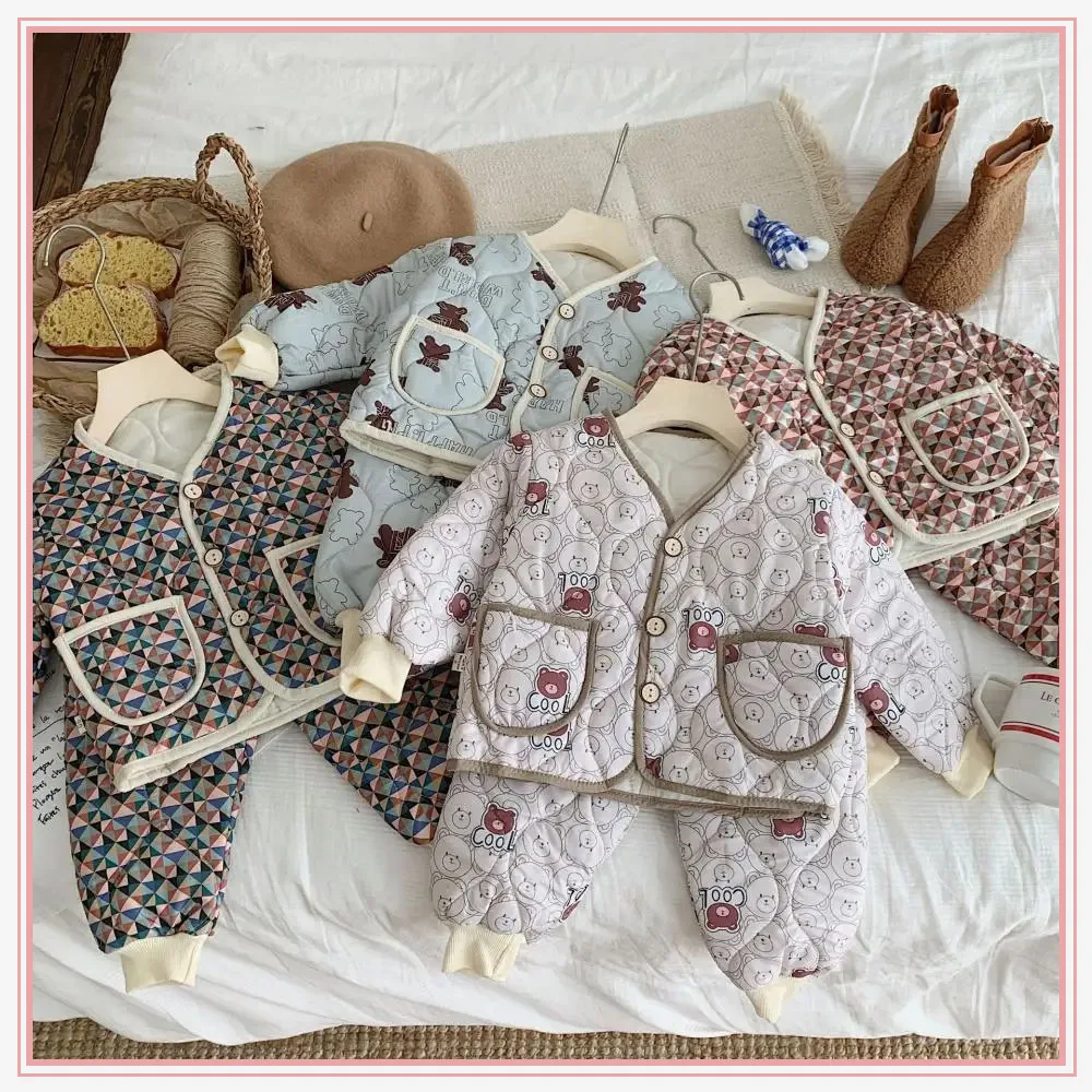 

Cute Korean Version Children Girl Boy Cotton-Padded Coat Set Autumn Winter Warm Cartoon Sweatshirts Outerwear Coat Pants Suits