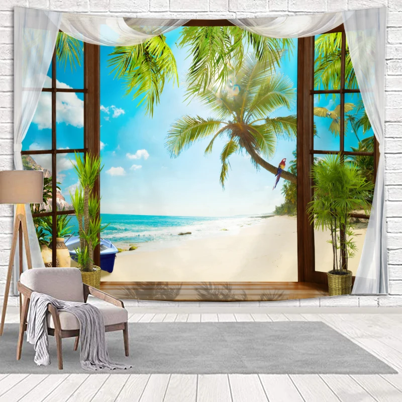 

Tapestry Scenery Beautiful Window Pattern Brick Background Printed Tapestry Living Room Bedroom Sofa Home Decor Wall Hanging