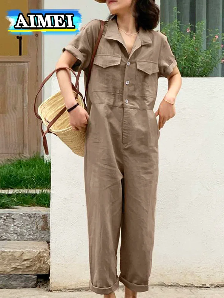 

New Fashion Summer Jumpsuits Pants 2023 Short Sleeve Rompers Ladies Holiday Playsuits Pockets Elegant Vacation Overalls Women