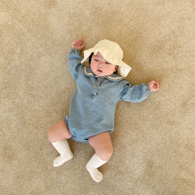 Baby Summer Short Sleeve Denim Bodysuit Infant Boy Navy Collar Jumpsuit Little Girl Denim Clothes Toddler Onesie