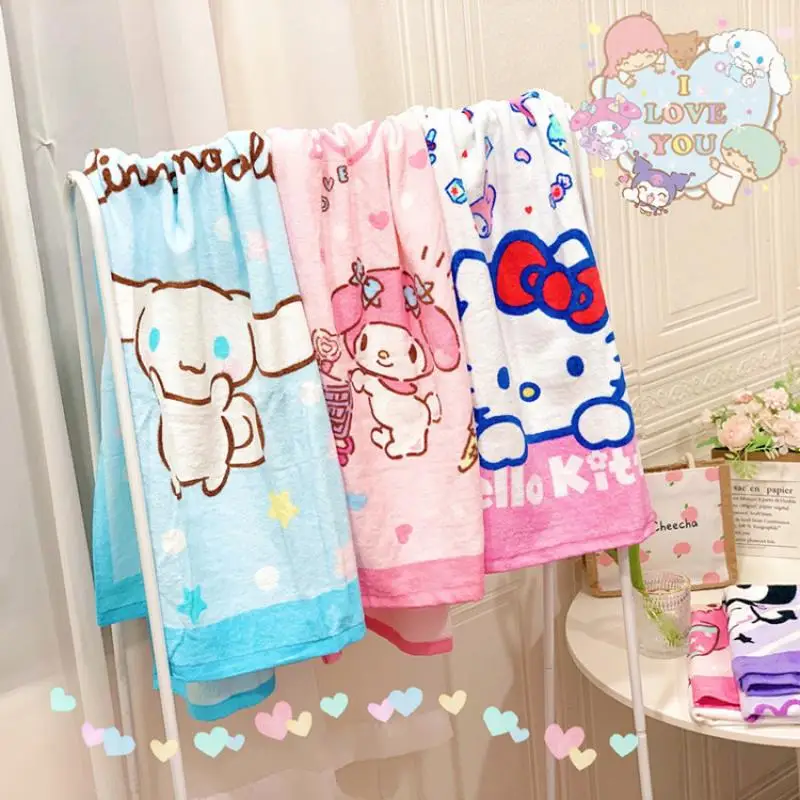 

Kawaii Sanrio Kuromi Hello Kitty My Melody Cartoon Bath Towel Pure Cotton Absorb Water Anime Figure Does Not Fade No Shedding